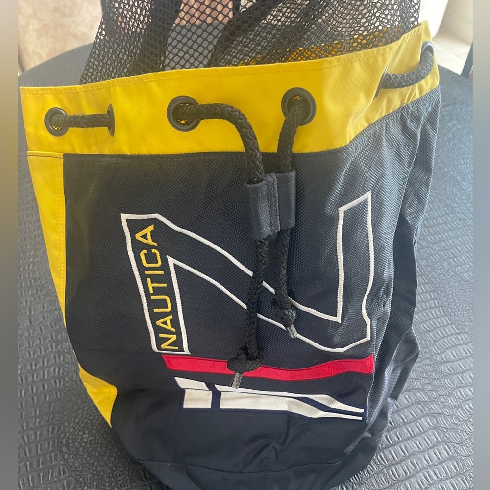 Nautica Black and Yellow Drawstring Bag with Zip on Side